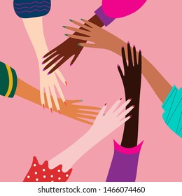 Diverse people hands putting together. Vector flat cartoon concept of teamwork, partnership, community, social community or movement. Group of people touch hands illustration