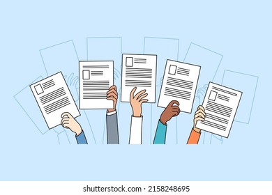 Diverse people hands raise up holding resume or CV offer candidacy at open position. Applicants or candidate apply for job. Employment and competition. Hiring and hr. Vector illustration. 