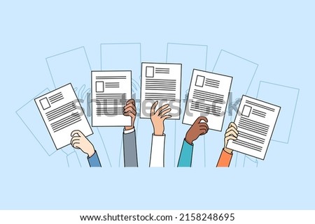 Diverse people hands raise up holding resume or CV offer candidacy at open position. Applicants or candidate apply for job. Employment and competition. Hiring and hr. Vector illustration. 