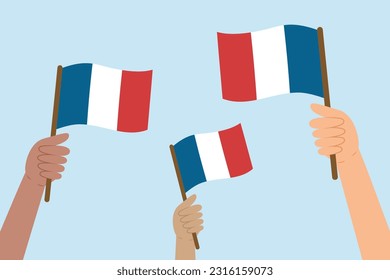 Diverse people hands raising flags of France. Vector illustration of French flags in flat style on blue background.