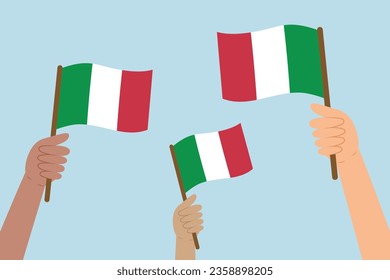 Diverse people hands raising flags of Italy. Vector illustration of Italian flags in flat style on blue background.