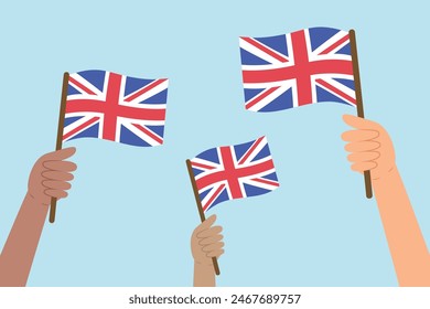Diversas personas levantan las manos con banderas del Reino Unido. Ilustración vectorial de banderas del Reino Unido en estilo plano sobre fondo azul.