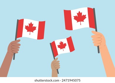 Gente diversa levantando las manos de las banderas de Canadá. Ilustración vectorial de banderas canadienses en estilo plano sobre fondo azul.