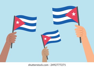 Diverse people hands raising flags of Cuba. Vector illustration of Cuba flags in flat style on blue background.