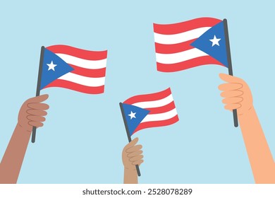 Diverse people hands raising flags of Puerto Rico. Vector illustration of Puerto Rico flags in flat style on blue background.