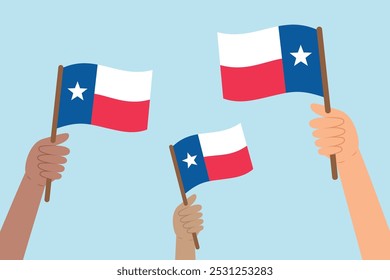 Diverse people hands raising flags of Taxes. Vector illustration of Taxes flags in flat style on blue background.