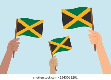 Manos de diversas personas alzando banderas de Jamaica. Ilustración vectorial de banderas jamaicanas en estilo plano sobre fondo azul.