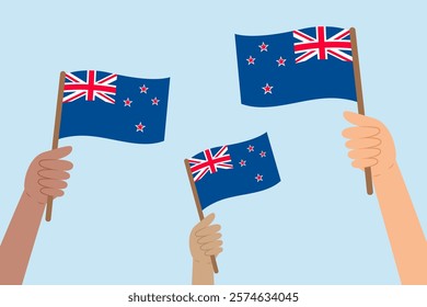 Diverse people hands raising flags of New Zealand. Vector illustration of New Zealand flags in flat style on blue background.