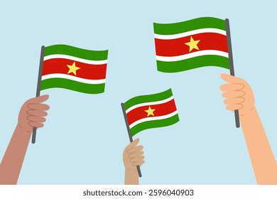Diverse people hands raising flags of Suriname. Vector illustration of Suriname flags in flat style on blue background.