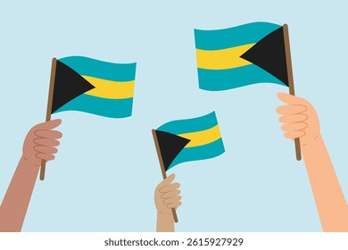 Diverse people hands raising flags of the Bahamas. Vector illustration of the Bahamas flags in flat style on blue background.