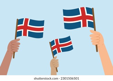 Diversas personas levantan y ondean banderas de Islandia. Ilustración vectorial de banderas islandesas de estilo plano sobre fondo azul.