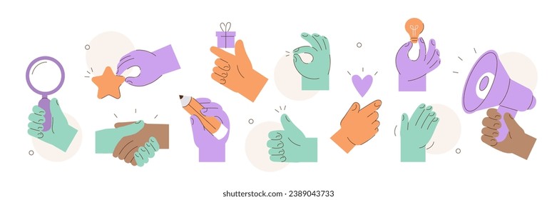 Diverse people hands waving, handshaking, pointing, gesturing, holding business objects. Abstract human arms, fingers, gestures. Flat vector illustration isolated   