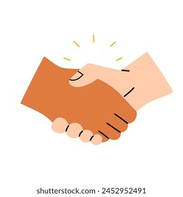 Diverse people handshake, hand drawn vector illustration in flat design, concept of partnership or a deal