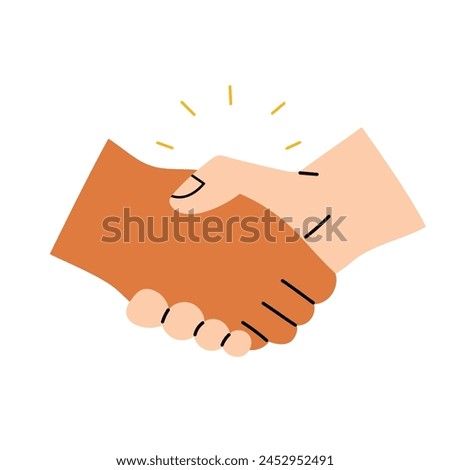 Diverse people handshake, hand drawn vector illustration in flat design, concept of partnership or a deal