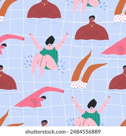 Diverse people having fun in swimming pool, seamless pattern, cartoon flat vector illustration. Summer vacation background. Funny characters swimming, snorkeling, diving and jumping in pool.