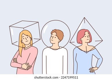 Diverse people with heads in geometric figures. Employees or colleagues having personal point of view. Concept of one type communication. Vector illustration. 