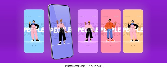 Diverse People Hello And Welcome Gesture Banners Or Onboard Mobile Phone Screens. Multinational Characters Waving Hands, Happy Young Men And Women Greeting Gesturing, Line Art Flat Vector Templates