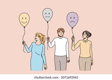 Diverse people hold balloons with different emotions. Clients or consumers leave feedback on good or bad quality service. Consumerism, answer and reaction concept. Flat vector illustration. 