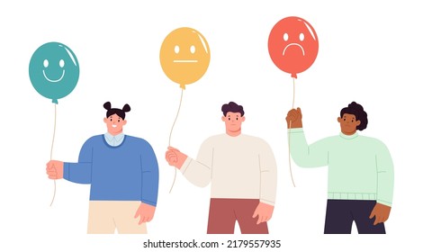 Diverse People Hold Balloons With Different Emotions. Clients Or Consumers Leave Feedback On Good Or Bad Quality Service. Consumerism, Answer And Reaction Concept. Vector Illustration 
