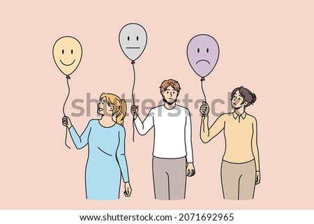 Diverse people hold balloons with different emotions. Clients or consumers leave feedback on good or bad quality service. Consumerism, answer and reaction concept. Flat vector illustration. 