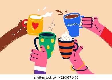 Diverse people hold cups drink warm beverages relax on cold winter evening together. Multiethnic friends have fun cheers with coffee and tea rest on leisure weekend. Vector illustration. 