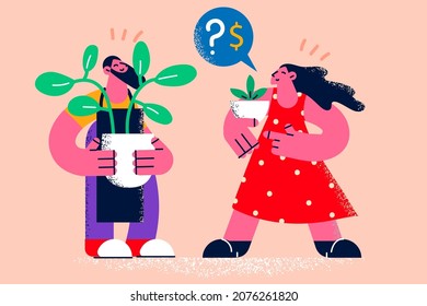 Diverse People Hold Flowerpots With Small And Big Plants Get Different Salary Wages. Man And Woman With Greenery Of Various Sizes Receive Investment. Financial Reward. Flat Vector Illustration. 