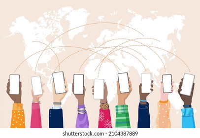 Diverse people hold hans raised up with smartphones at world map background. Global communication, big data collecting,  Information Age, digital online lifestyle, Global sociaety vector illustration 