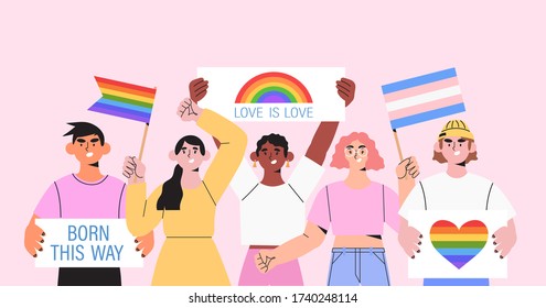 Diverse people hold signs, banner and placards with lgbt rainbow and transgender flag during pride month or parade against violence, descrimination, human rights violation. Equality and homosexuality.