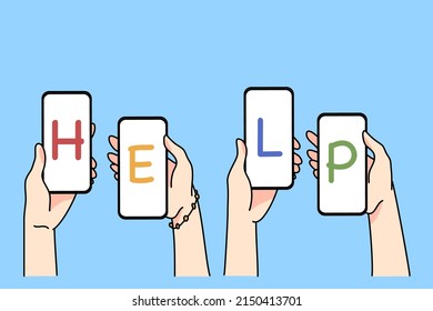 Diverse people hold smartphones with text help ask for emergency aid from online community. Person hands with cellphones beg assistance on social media. Solidarity and volunteer. Vector illustration. 