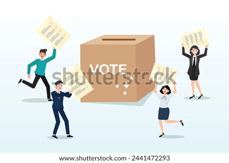 Diverse people hold voting paper checkmark putting in vote box, voting, poll or employee feedback questionnaire, politic choice, opinion or democracy, election or customer survey, referendum (Vector)