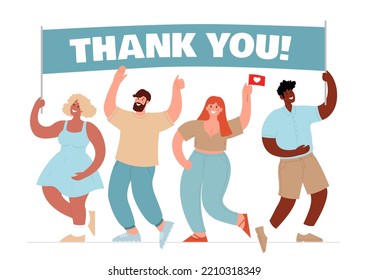 Diverse people holding a banner that says Thank You. Modern colorful vector flat illustration isolated on white background. Horizontal poster.	