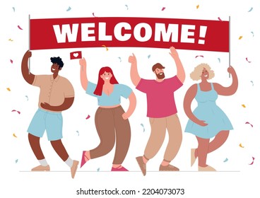 Diverse people are holding banner Welcome. Vector flat vector illustration isolated on white background.