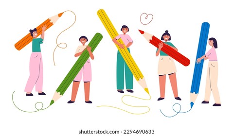 Diverse people holding big color pencils. Happy young characters writing, drawing, creating with crayons. Education concept. Back to school. Flat vector illustration