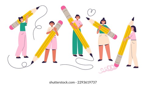 Diverse people holding big pencils. Happy young students, artists, writing, drawing, erasing mistake. Education, creating concept. Back to school. Flat vector illustration