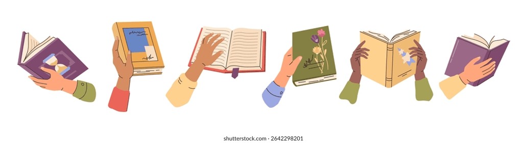 Diversas pessoas segurando livros. Indivíduos vetores trocando, tomando emprestado e recomendando literatura. Mãos com publicações ou cadernos. Pessoas com livros didáticos ou romances. Educação e lazer