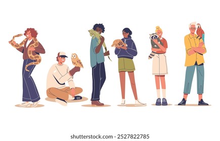 Diverse People Holding Different Exotic Pets Including A Snake, Owl, Lizard, Tortoise, Raccoon, And Parrot