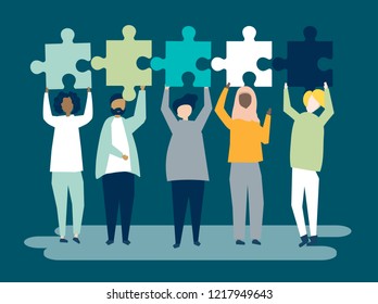 Diverse people holding different puzzle pieces illustration