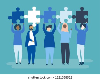 Diverse people holding different puzzle pieces illustration