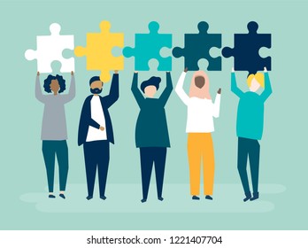 Diverse people holding different puzzle pieces illustration