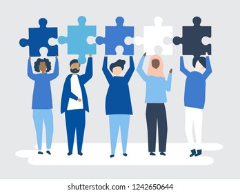 Diverse people holding different puzzle pieces illustration