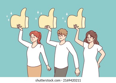 Diverse people holding huge like signs, giving good review to service. Clients or customers rate showing satisfaction. Feedback concept. Vector illustration. 