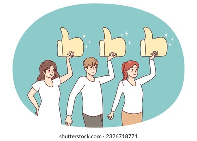Diverse people holding huge like signs, giving good review to service. Clients or customers rate showing satisfaction. Feedback concept. Vector illustration.