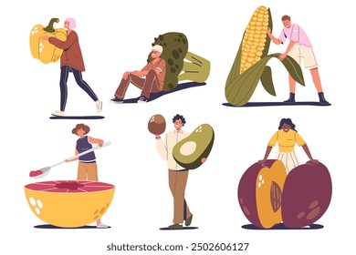 Diverse People Holding And Interacting With Oversized Fruits And Vegetables, Promoting Natural Nutrition And Wellness