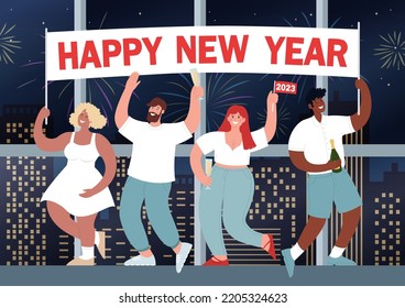 Diverse people are holding a New Year 2023 banner. They are drinking champagne and having fun against the backdrop of a window with a view of the city with fireworks. Vector flat illustration.