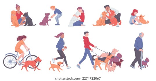 Diverse people hugging dogs and walking thor pets, set of flat vector illustrations isolated on white background. Happy adults and kids playing with dogs. Jogging and riding bicycle with pup.