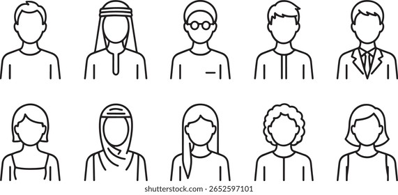 Diverse People Illustration Featuring Varied Hairstyles Attire and Ethnicities Representing Global Community Togetherness with Line Art Style Providing Clear Cut Presentation and Vector Graphics