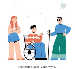 Diverse People Including A Wheelchair User And Blind Man In Flat Vector Illustration Symbolizing Disability Inclusion, Accessibility, And Social Equality, Isolated On White Background