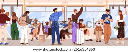 Diverse people are inside the bus. Passengers stand and sit on seats in urban public transport. Crowd of commuters with bags, smartphones rides in trolleybus or tram. Flat vector illustration