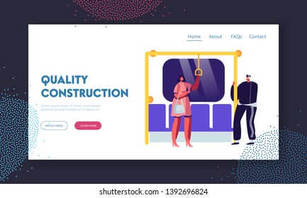 Diverse People Inside Metro Subway Train Website Landing Page. Males and Females in Public Transport. Subway, Tube or Underground Train Rapid Transit Web Page. Cartoon Flat Vector Illustration, Banner