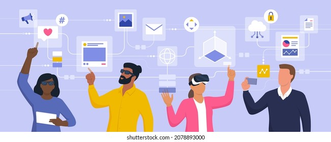 Diverse people interacting with virtual reality interfaces and accessing online services using their devices